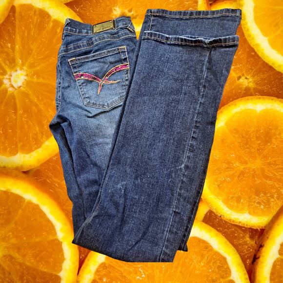 Baby Phat Blue Slightly Distressed Jeans with‎ Pink Stones on the Pockets Size 5 - Picture 1 of 11